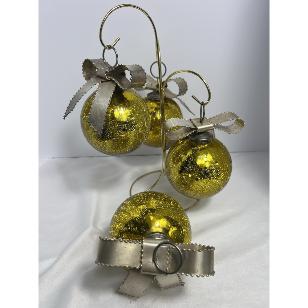Gold 4 Piece Crackle Glass Christmas Ornaments Decorative Metal Bow Vintage